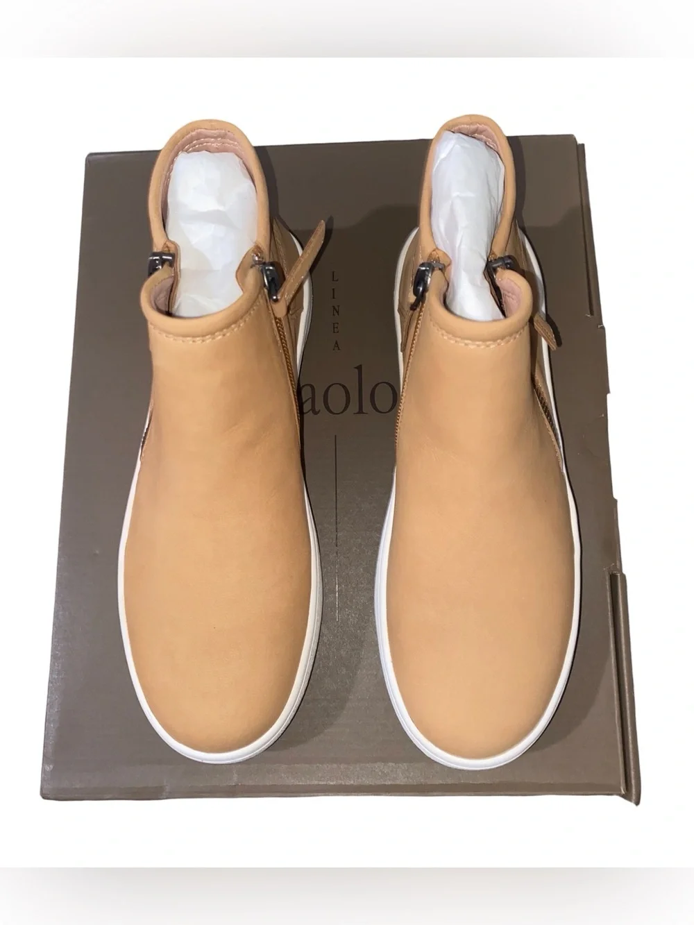 NIB Linea Paolo Glen-L Tan Nubuck Mid-Top Sneaker Booties Zip Size 5 M